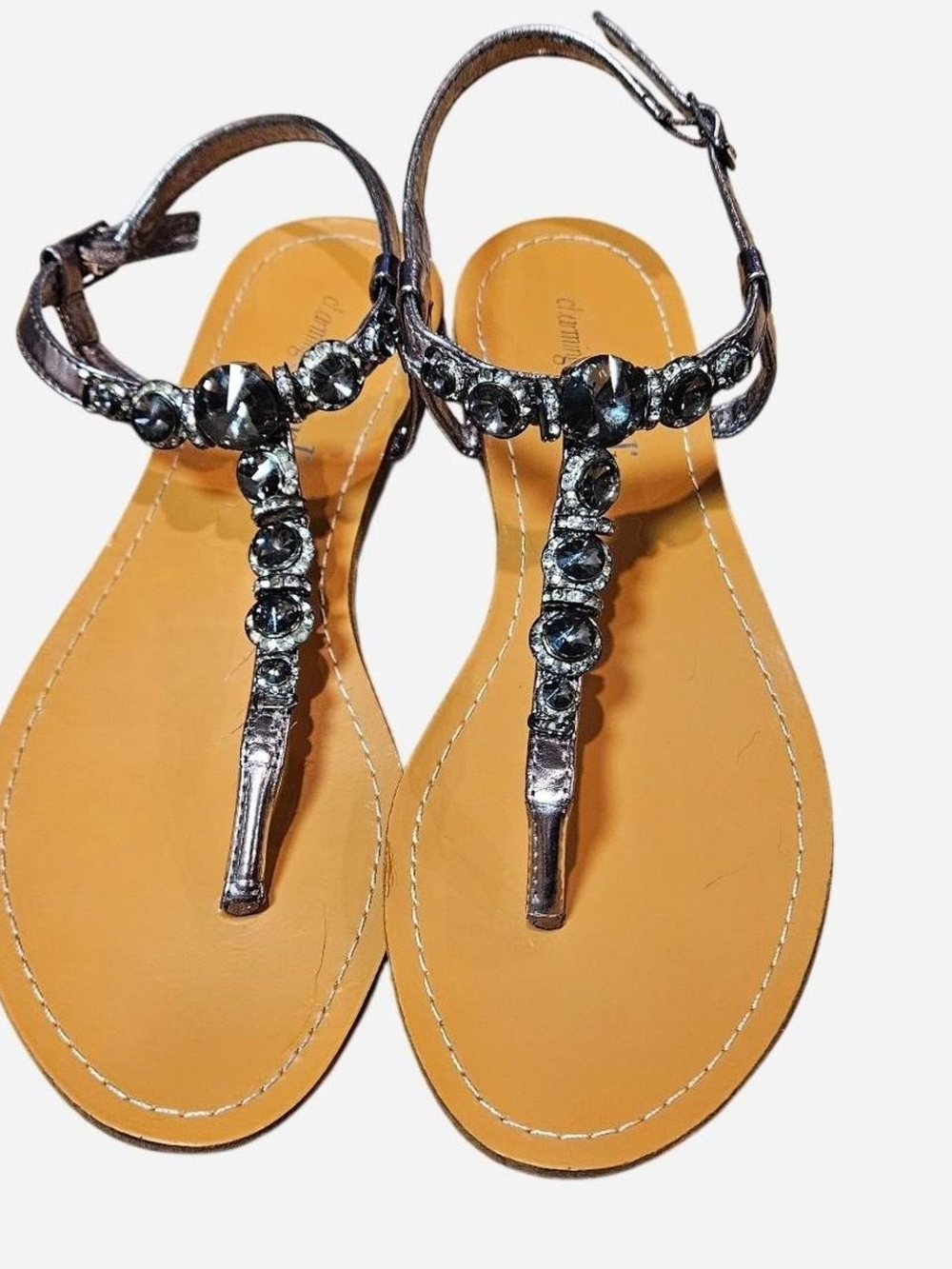 Charming Charlie Silver Jeweled T-Strap Embelished Sandals Y2k Vintage Glam Sz 7